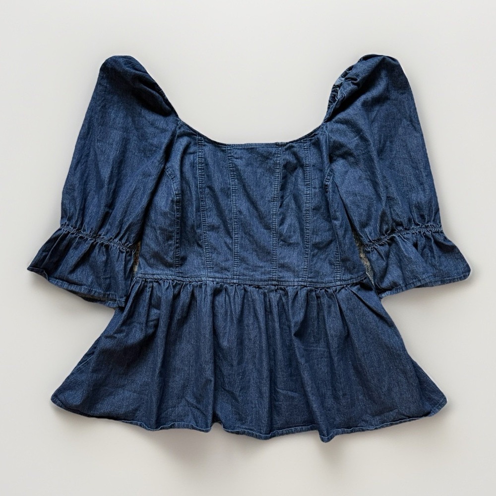 Ashley Stewart Denim Peplum Blouse 20 Puff Sleeve Square Neck Babydoll Western